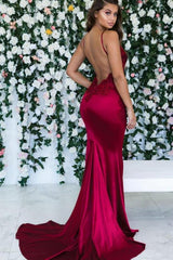 Burgundy Sleeveless Mermaid Backless Prom Dress Spaghetti Straps Lace Appliques Evening Gowns