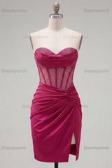 Burgundy Strapless Beaded Ruched Corset Tight Short Homecoming Dress