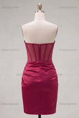 Burgundy Strapless Beaded Ruched Corset Tight Short Homecoming Dress