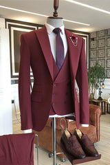 Burgundy Three Piece Peaked Lapel Prom Suit