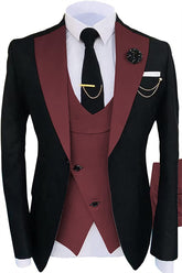 Burgundy Three Piece Shawl Lapel Prom Suit