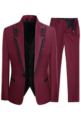 Burgundy Three Piece Shawl Lapel Prom Suit