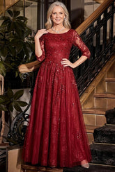 Burgundy Tulle A-Line Mother of the Bride Dress with Scoop Neck 3/4 Sleeves