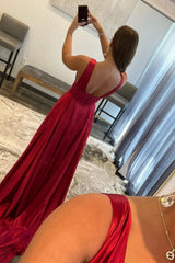 Burgundy V Neck Prom Dress Backless Long A Line Evening Dress with Lace