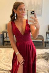 Burgundy V Neck Prom Dress Backless Long A Line Evening Dress with Lace
