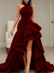Burgundy Velvet Dress High Low Halter Neck Ruffled Formal Evening Dress