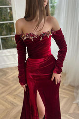 Burgundy Velvet Formal Dress Off the Shoulder Party Dress with Panel Train