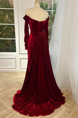 Burgundy Velvet Formal Dress Off the Shoulder Party Dress with Panel Train