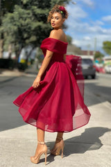 Burgundy Wedding Guest Dress Off The Shoulder A Line Short Cocktail Dress