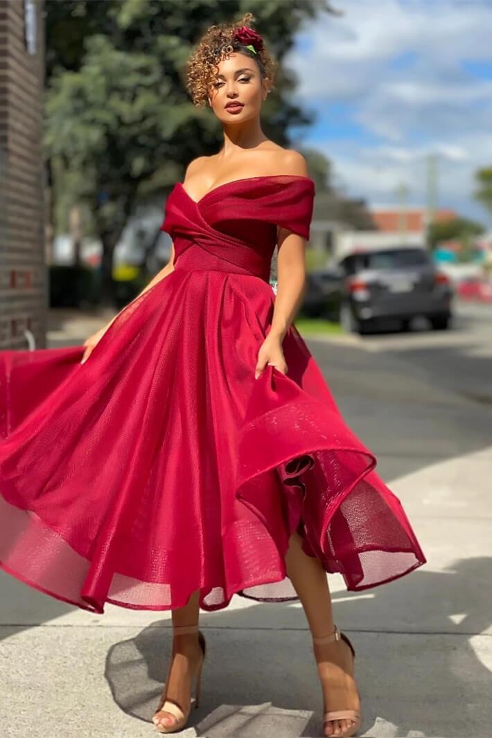 Burgundy Wedding Guest Dress Off The Shoulder A Line Short Cocktail Dress