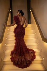 Burgundy One Shoulder Prom Dress Mermaid Sequined Formal Evening Dress with 3D Flowers