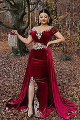 Burgundy Velvet Christmas Party Dress Appliques Short Sleeve Formal Dress with Detachable Train