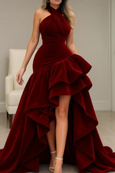 Burgundy Velvet Dress High Low Halter Neck Ruffled Formal Evening Dress