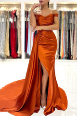 Burnt Orange Off The Shoulder Mermaid Prom Dress Long With Split