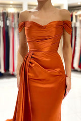 Burnt Orange Off The Shoulder Mermaid Prom Dress Long With Split