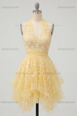 Butter Yellow Floral Lace Halter Ruffled A Line Short Homecoming Dress