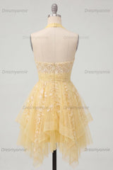 Butter Yellow Floral Lace Halter Ruffled A Line Short Homecoming Dress