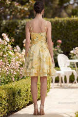 Butter Yellow Floral Ruched Ruffled A-Line Short Prom Dress with Bow