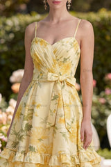 Butter Yellow Floral Ruched Ruffled A-Line Short Prom Dress with Bow