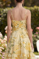 Butter Yellow Floral Ruched Ruffled A-Line Short Prom Dress with Bow