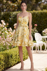 Butter Yellow Floral Ruched Ruffled A-Line Short Prom Dress with Bow