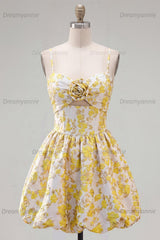 Butter Yellow Floral Keyhole A-Line Short Homecoming Dress with 3D Flower
