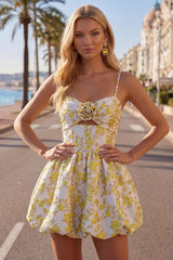 Butter Yellow Floral Short Keyhole A Line Homecoming Dress with 3D Flower