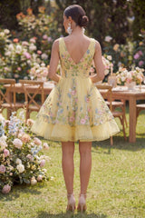 Butter Yellow Floral V-Neck A-Line Short Homecoming Dress with Ruffles