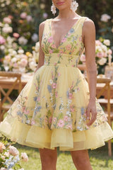 Butter Yellow Floral V-Neck A-Line Short Homecoming Dress with Ruffles