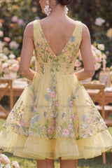 Butter Yellow Floral V-Neck A-Line Short Homecoming Dress with Ruffles
