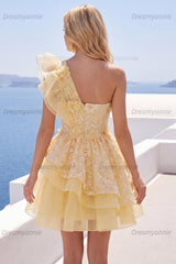 Butter Yellow Lace Floral Ruffled One Shoulder A Line Short Homecoming Dress