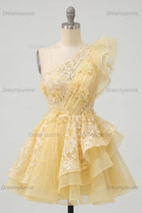 Butter Yellow Lace Floral Ruffled One Shoulder A Line Short Homecoming Dress