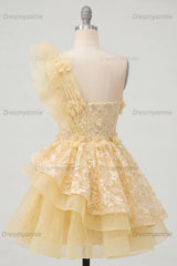 Butter Yellow Lace Floral Ruffled One Shoulder A Line Short Homecoming Dress