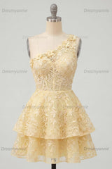 Butter Yellow Short Lace Floral One Shoulder Ruffled A Line Corset Homecoming Dress