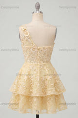 Butter Yellow Short Lace Floral One Shoulder Ruffled A Line Corset Homecoming Dress