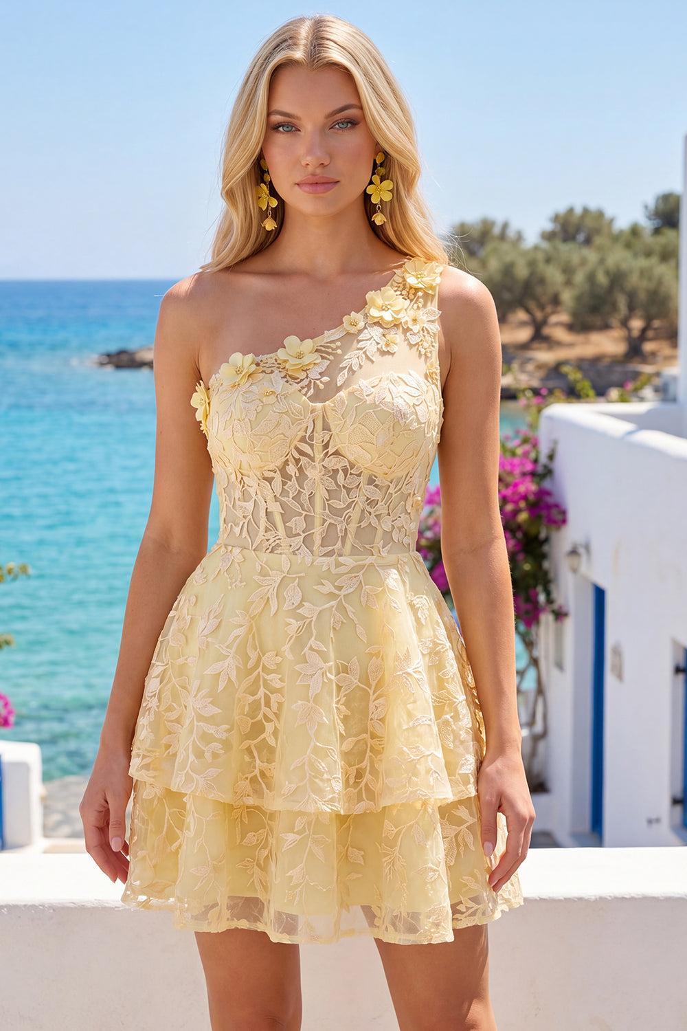 Butter Yellow Short Lace Floral One Shoulder Ruffled A Line Corset Homecoming Dress