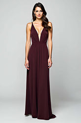 Cabernet Satin Backless Deep V-Neck Long Formal Dress
