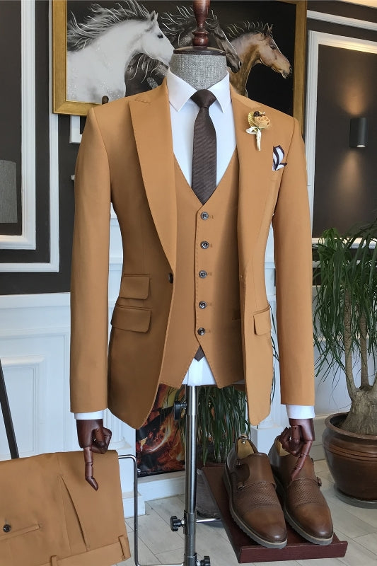 Camel Three Piece Peaked Lapel Business Suit