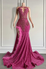 Mermaid Orange Sequined Formal Dress Lace Sleeveless Prom Dress with Feathers