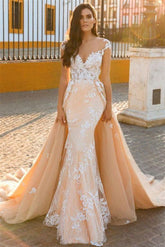 Cap Sleeve Sweetheart Mermaid Wedding Dress with Lace Appliques and Panel Train