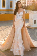 Cap Sleeve Sweetheart Mermaid Wedding Dress with Lace Appliques and Panel Train