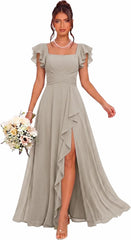 Cascading Ruffle Chiffon Bridesmaid Dress with Flutter Sleeves and Slit
