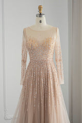 Champagne A Line Prom Dress Long Sleeve Sequined Formal Dress