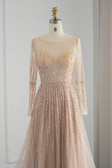 Champagne A Line Prom Dress Long Sleeve Sequined Formal Dress