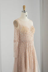 Champagne A Line Prom Dress Long Sleeve Sequined Formal Dress