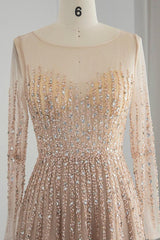 Champagne A Line Prom Dress Long Sleeve Sequined Formal Dress