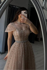 Champagne A Line Prom Dress Off the Shoulder Beaded Formal Dress