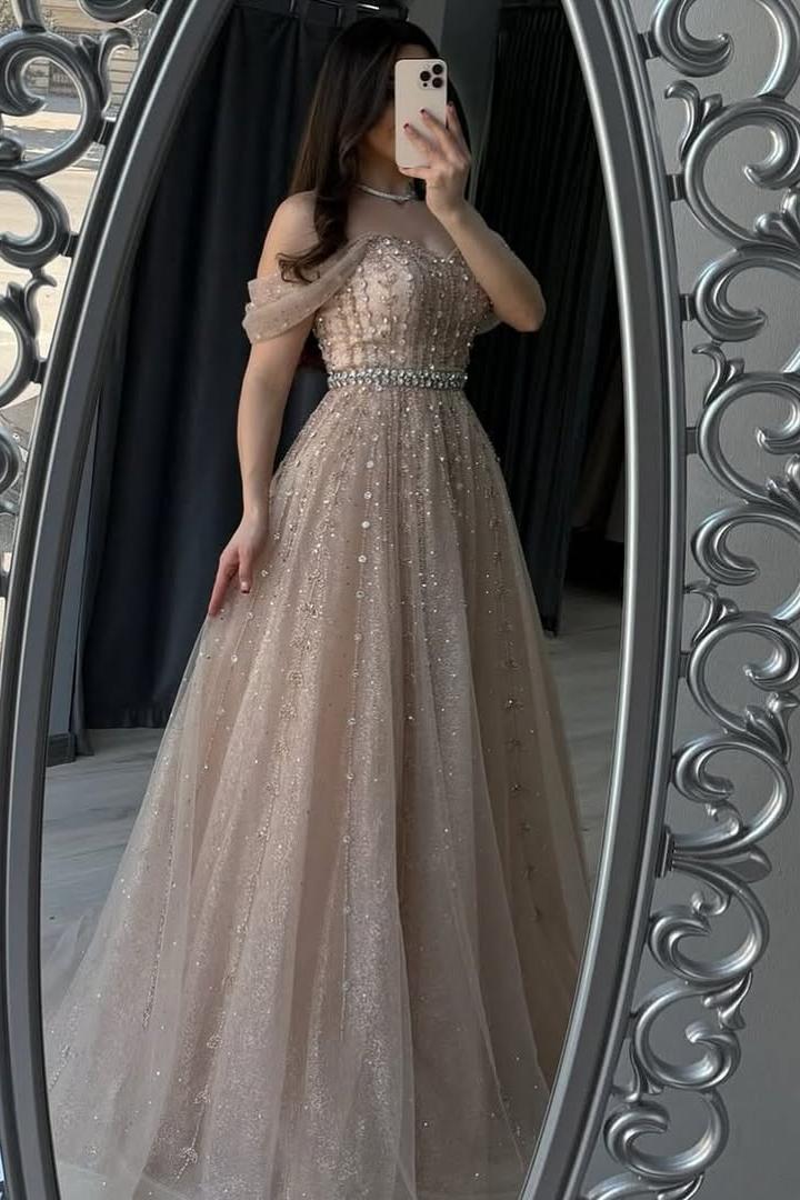 Champagne A Line Prom Dress Off the Shoulder Beaded Formal Dress