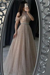 Champagne A Line Prom Dress Off the Shoulder Beaded Formal Dress