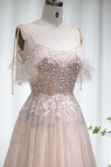 Champagne A Line Prom Dress Spaghetti Straps Formal Dress With Lace Appliques